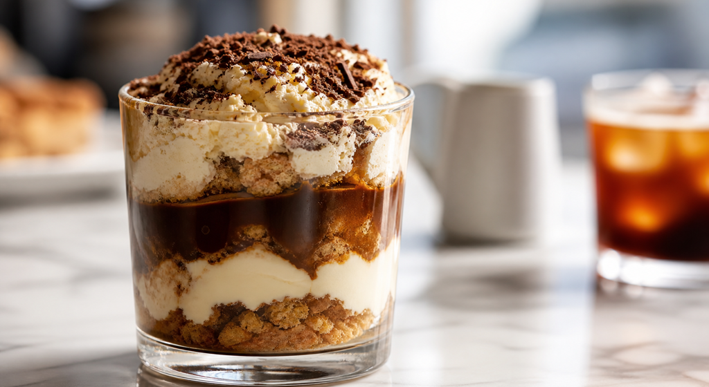 Eiskaffee-Dessert im Glas mit Vanillecreme, Keksbröseln und Schokoraspeln