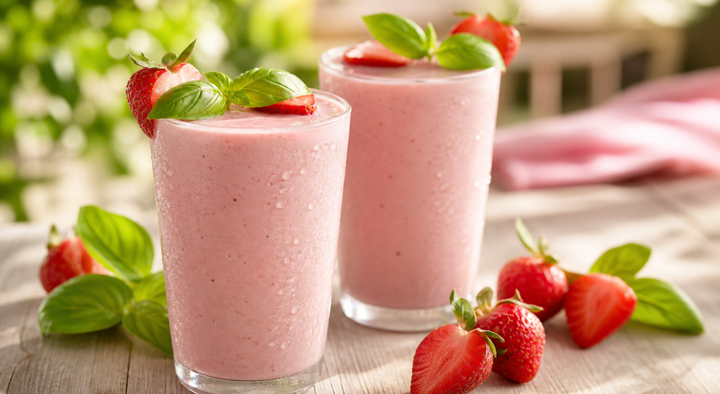 Zwei Gläser Erdbeer-Basilikum-Milchshake mit frischen Erdbeeren und Basilikum auf hellem Holztisch