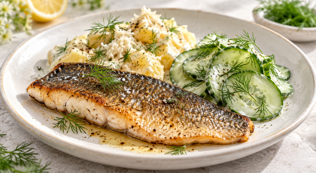 Gebratener Saibling mit Meerrettich-Kartoffeln und Gurkensalat