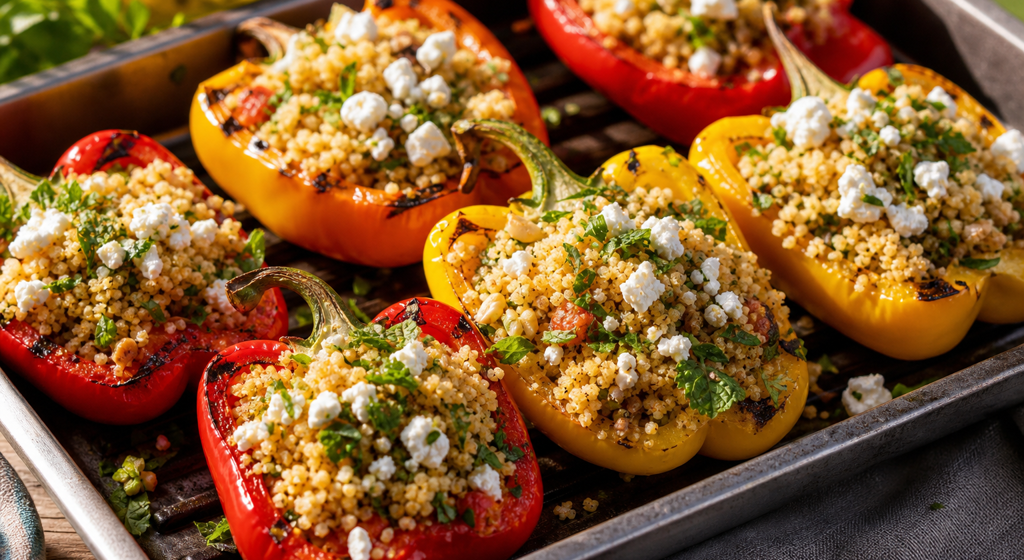 Bunte gefüllte Grillpaprika mit Couscous und Feta in einer Grillschale