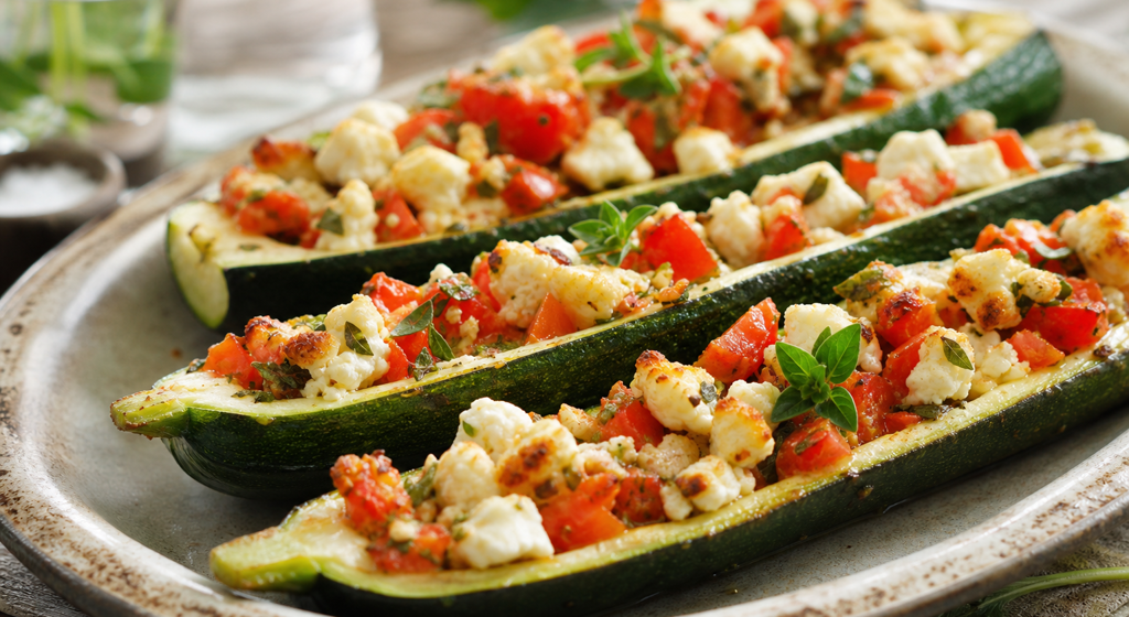 Gegrillte gefüllte Zucchini mit Feta, Tomatenwürfeln und frischen Kräutern auf einer Holzplatte