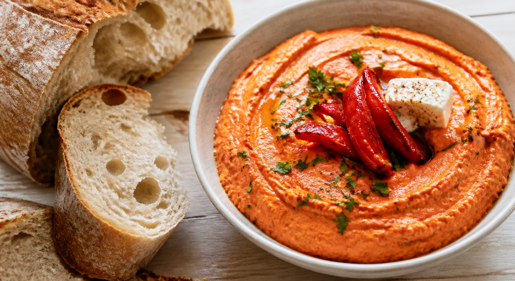 Cremiger Aufstrich aus gerösteter roter Paprika und Feta in einer Keramikschale, daneben Bauernbrot.