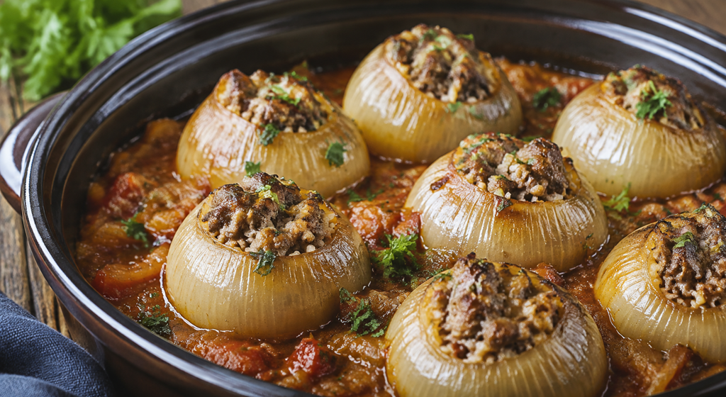 Geschmorte Zwiebeln mit Hackfleisch-Reis-Füllung in aromatischem Tomatensud