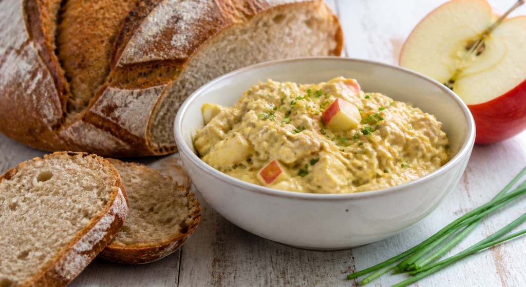 Cremiger Hähnchen-Curry-Aufstrich mit Apfelwürfeln in einer hellen Schale neben Bauernbrot, Apfel und Schnittlauch.
