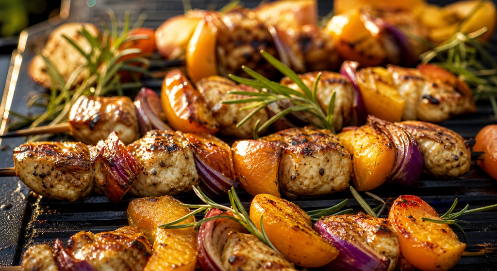 Gegrillte Hähnchenspieße mit goldenen Aprikosen und Rosmarinzweigen auf einer Grillplatte