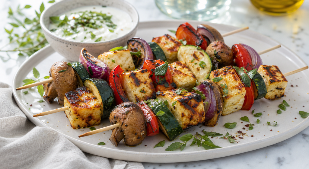 Gegrillte Halloumi-Gemüse-Spieße mit Paprika, Zucchini und Kräuterjoghurt auf einer Platte