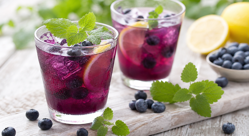 Zwei Gläser Heidelbeer-Zitronen-Drink mit Heidelbeeren, Zitronenscheiben und Zitronenmelisse auf hellem Holztisch