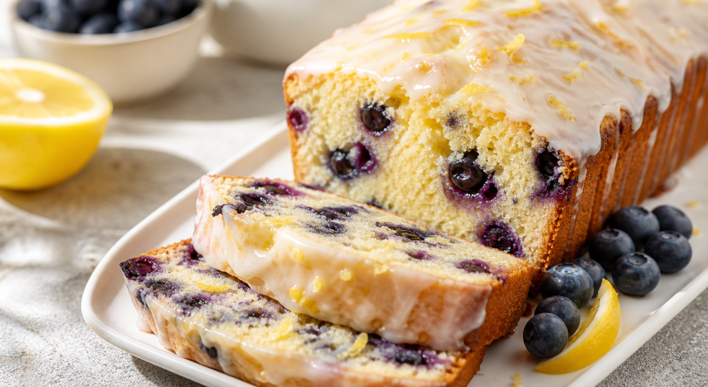 Heidelbeer-Zitronen-Kastenkuchen mit Zitronenglasur und frischen Heidelbeeren