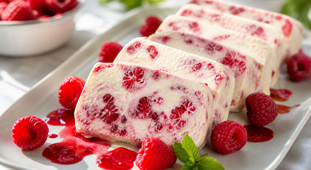 Himbeer-Sahne-Semifreddo in Scheiben mit Himbeeren und Beerensoße