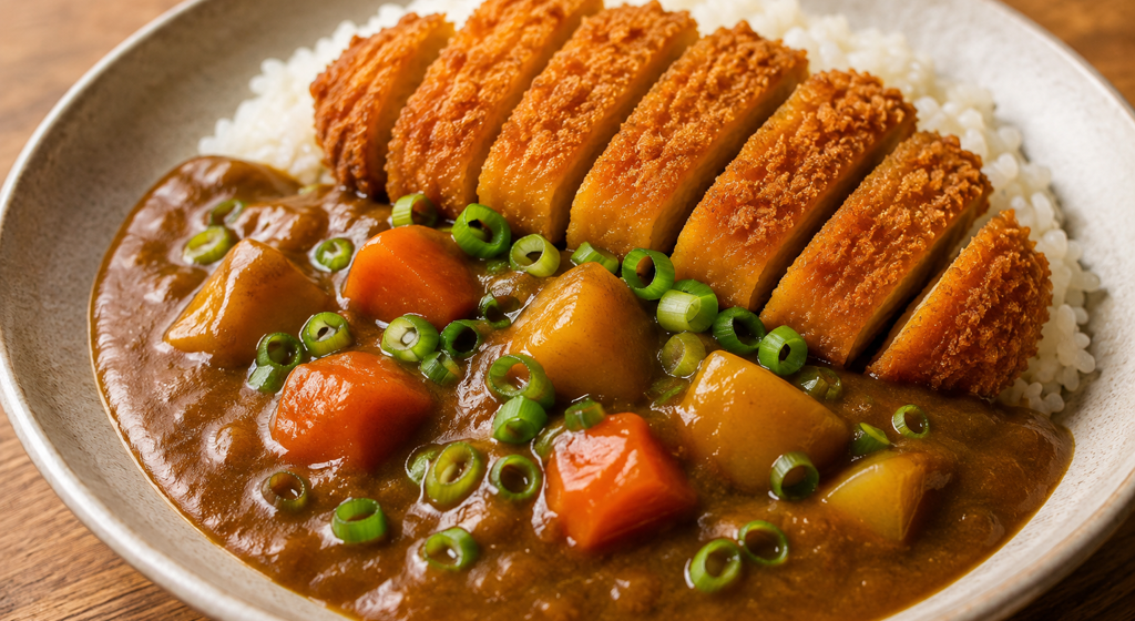 Knusprig paniertes Hokkaido-Katsu in Scheiben mit Reis, japanischem Curry und Frühlingszwiebeln.