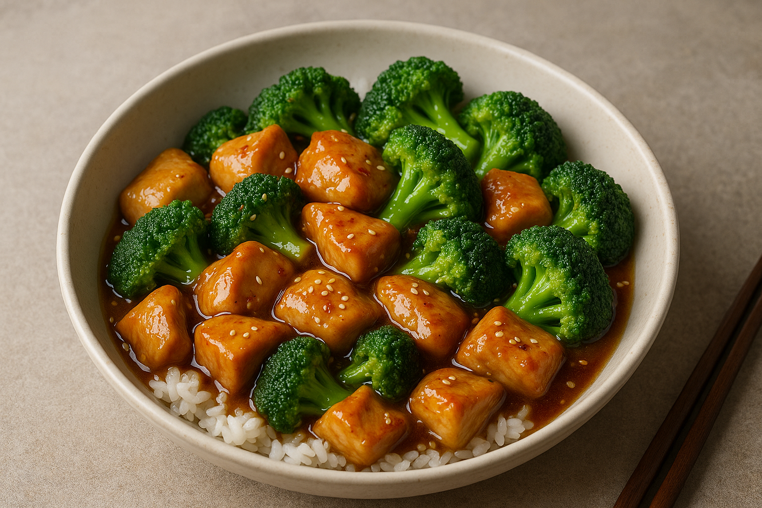 Zu sehen ist das Gericht, angerichtet auf einem tiefen Teller. Broccoli-Röschen und Stücke von Hähnchen in glenzender Sauce sind zu sehen.