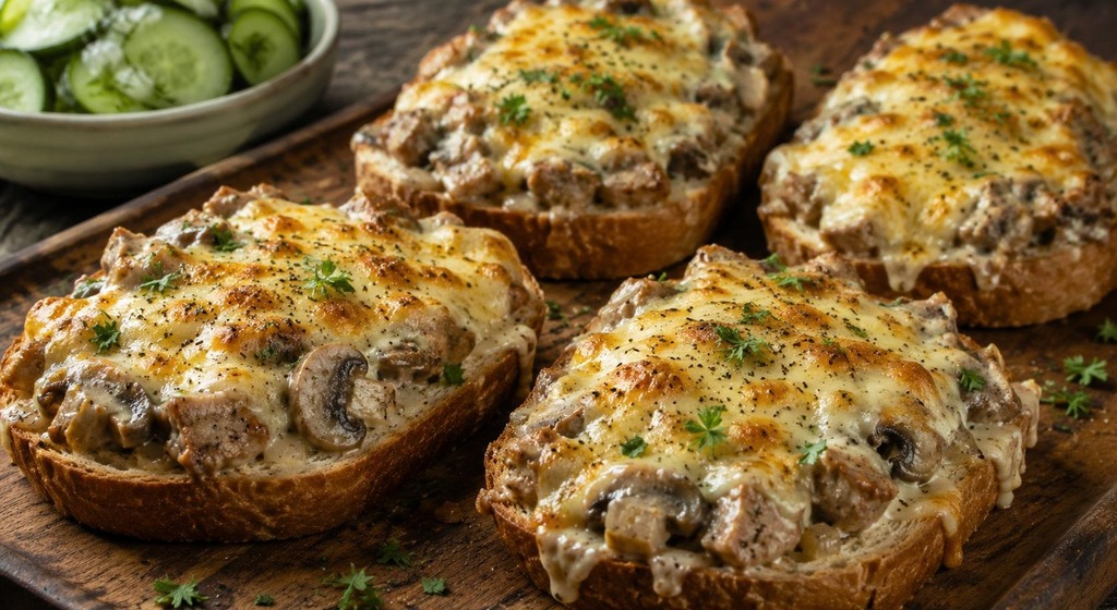 Vier goldbraun überbackene Jägertoasts mit Champignons und Schweinelende auf einem Holzbrett, im Hintergrund eine Schüssel mit Gurkensalat.