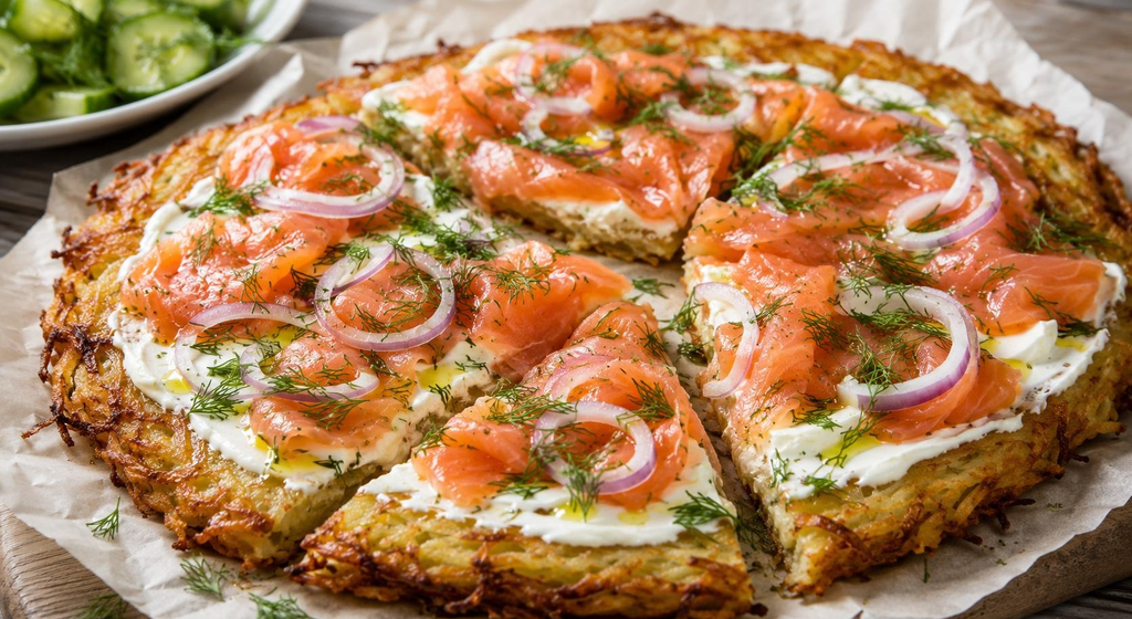 Kartoffel-Pizza mit Räucherlachs, Crème fraîche, roten Zwiebelringen und Dill, in Stücke geschnitten auf Backpapier serviert.