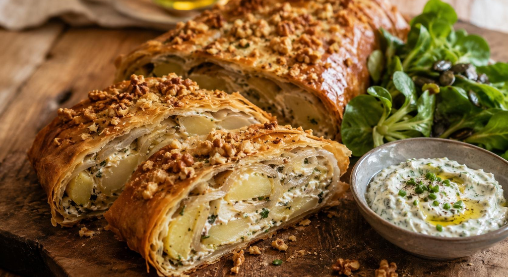 Kartoffel-Sellerie-Strudel mit Walnusskruste, in dicke Scheiben geschnitten auf einem Holzbrett, daneben Kräuterquark und Feldsalat.