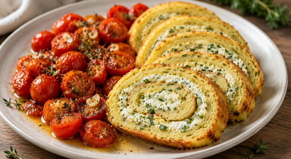 In Scheiben geschnittene Kartoffelroulade mit Kräuterfrischkäse auf einer Platte, dazu geröstete Kirschtomaten mit Thymian.