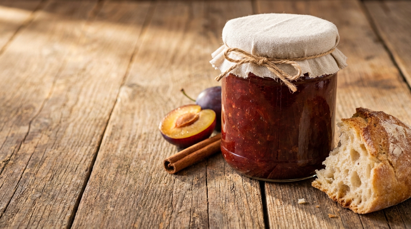 Dunkelrotes Pflaumenmus in einem Glas auf rustikalem Holztisch