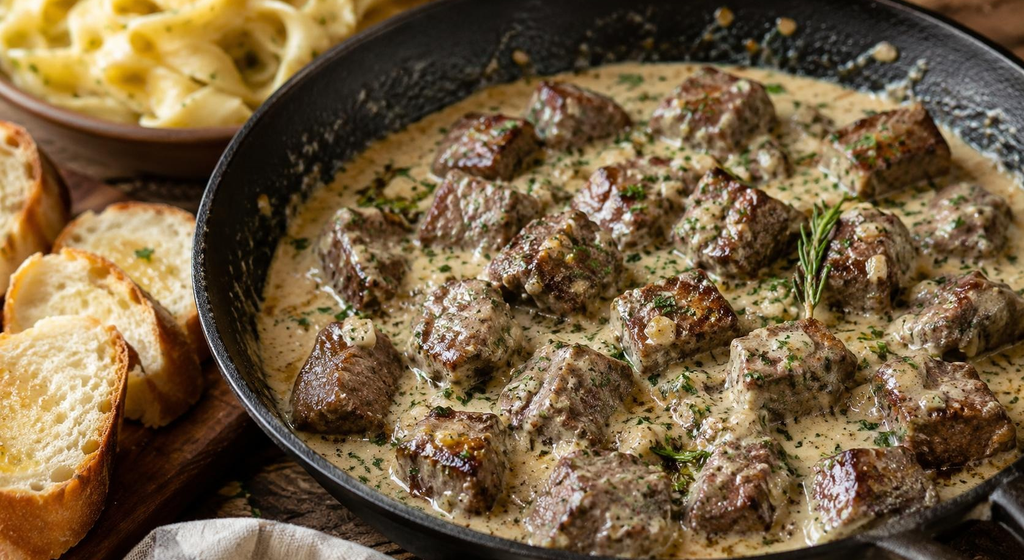 Rindfleischbissen in cremiger Parmesansoße in einer schwarzen Pfanne, dazu Baguette und Pasta.