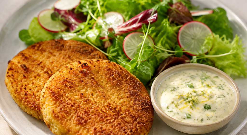 Goldbraune Kohlrabischnitzel mit Zitronen-Kräuter-Dip und Blattsalat mit Radieschen.