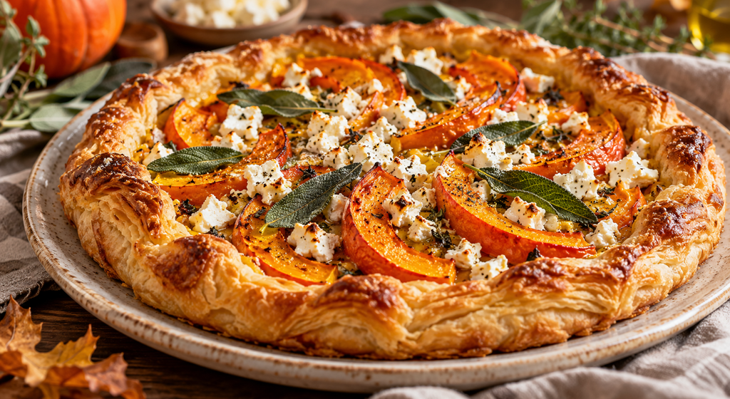 Goldbraune Kürbis-Feta-Tarte mit Salbei auf einem hellen Keramikteller