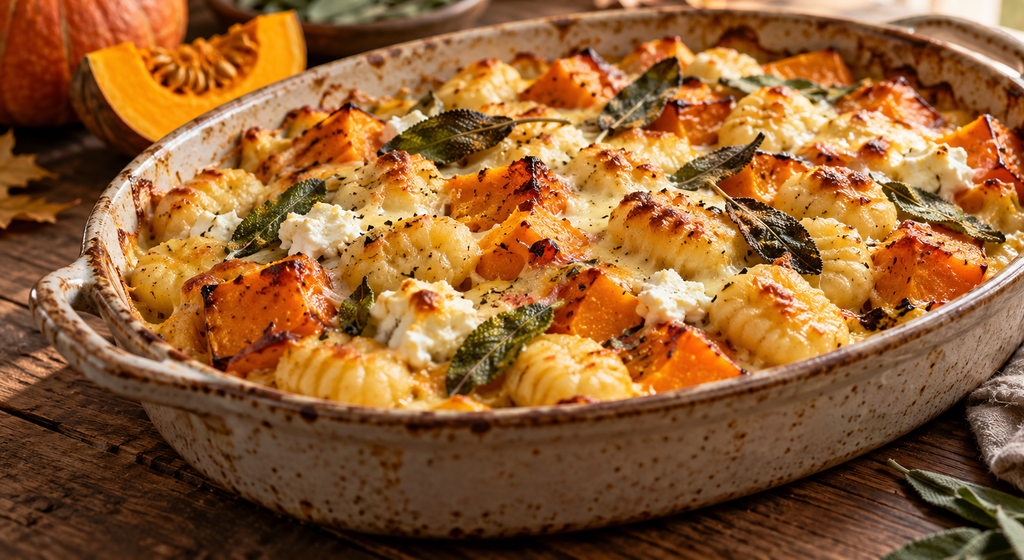 Kürbis-Gnocchi-Auflauf mit Salbei und goldbraunem Ziegenkäse in einer runden Auflaufform.