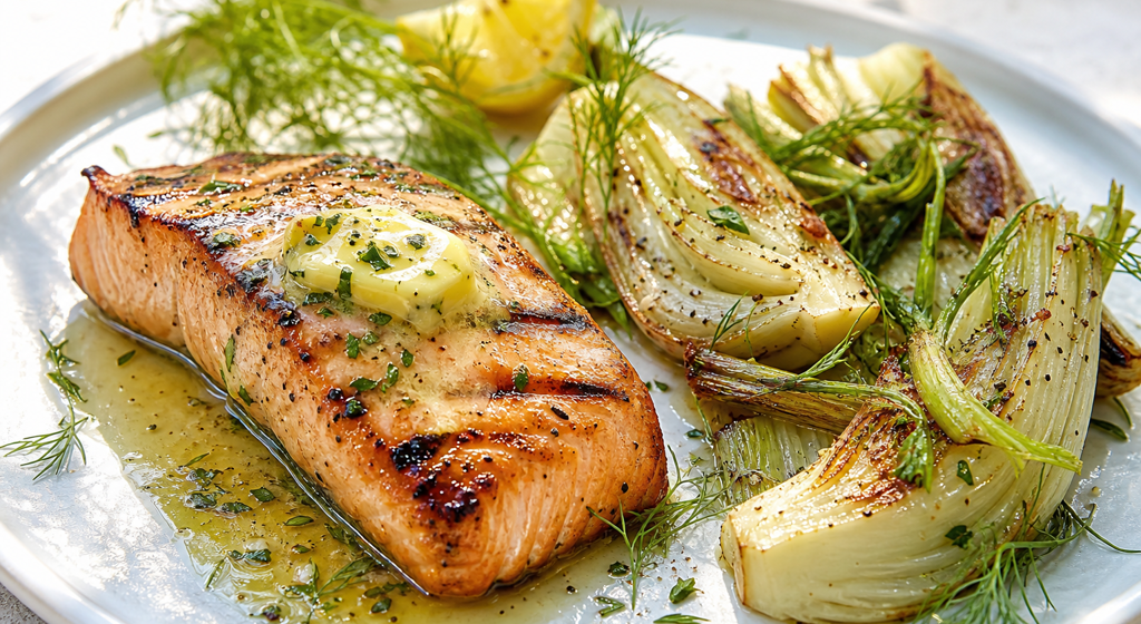 Gegrilltes Lachsfilet mit Zitronenbutter und gebratenem Fenchel auf einer hellen Servierplatte