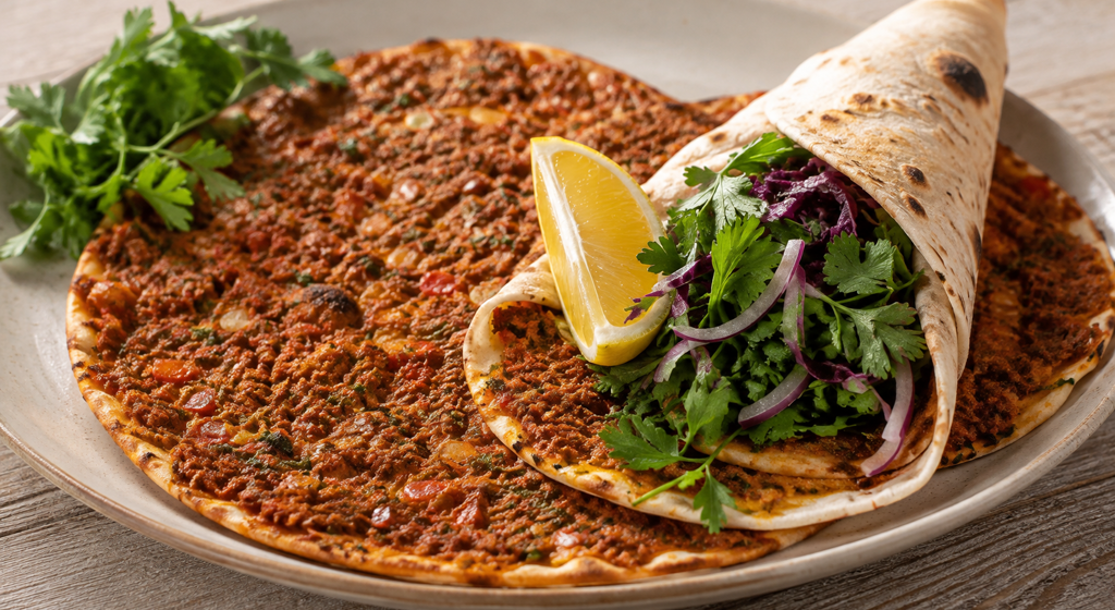 Dünner Lahmacun aus dem Ofen mit würzigem Rinderhack, Petersilie, Zitrone und Salat