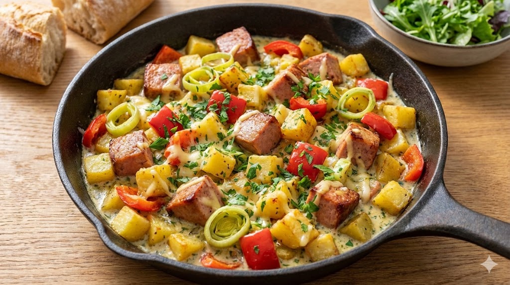 Bunte Leberkäse-Pfanne mit krossen Kartoffeln und Gemüse - Serviert in einer gusseisernen Pfanne