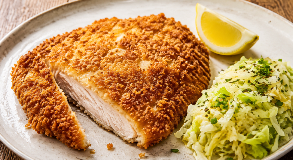 Münchner Schnitzel mit grober goldbrauner Brezn-Panade, Krautsalat mit Kümmel und Zitronenspalte.