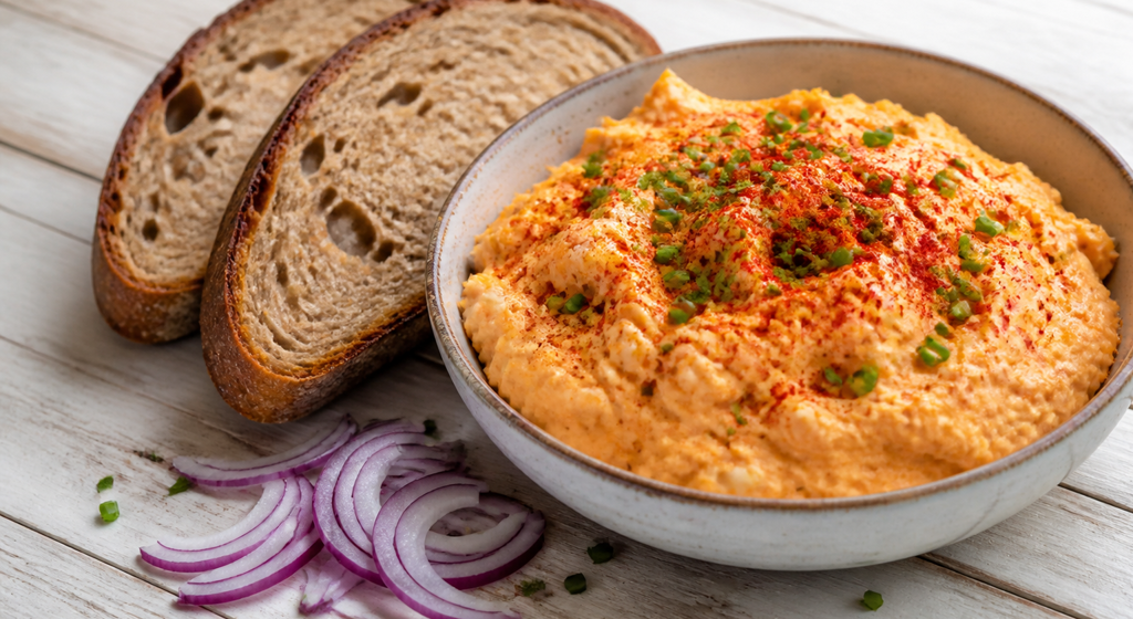Cremiger Obazda mit Paprika und Schnittlauch in einer Keramikschale, daneben Bauernbrot und rote Zwiebeln.