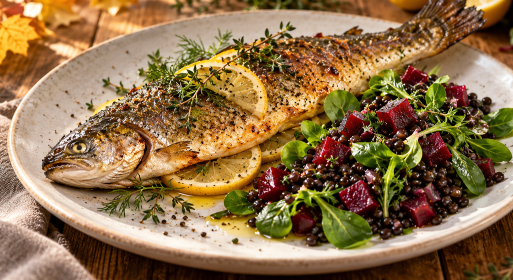 Ofenforelle mit Belugalinsen und Rote-Bete-Salat appetitlich angerichtet