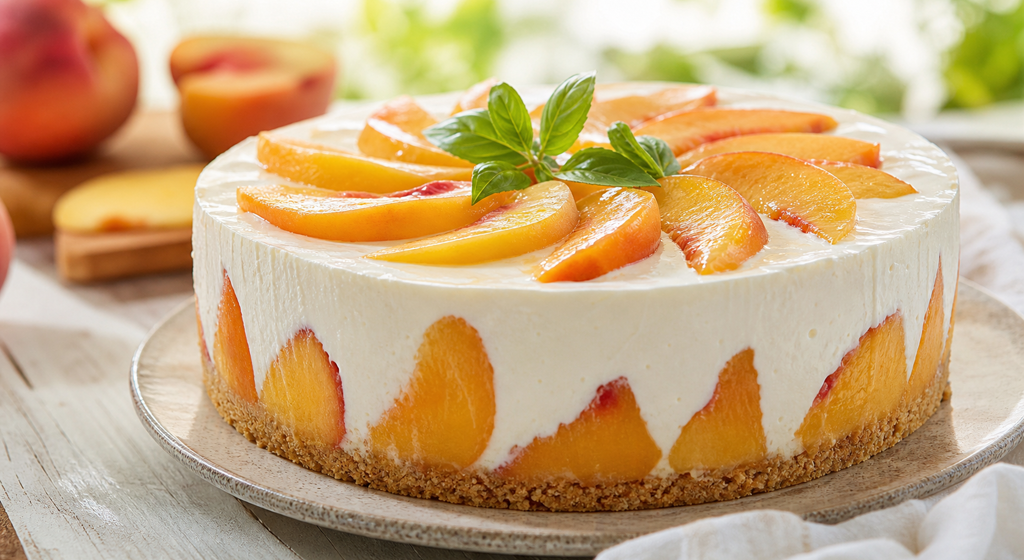 Pfirsich-Mascarpone-Kühlschranktorte mit frischen Pfirsichspalten und Keksboden
