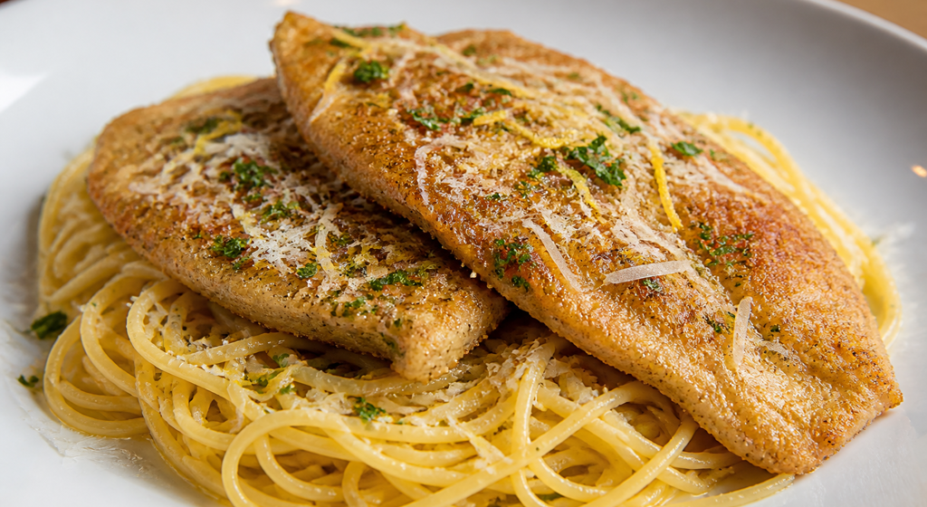 Goldene Piccata Milanese vom Kalb auf cremigen Zitronen-Spaghetti mit Parmesan und Petersilie.