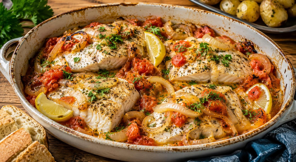 Griechischer Ofenfisch mit Tomaten, Zwiebeln, Zitronenscheiben und Kräutern in einer hellen Auflaufform.