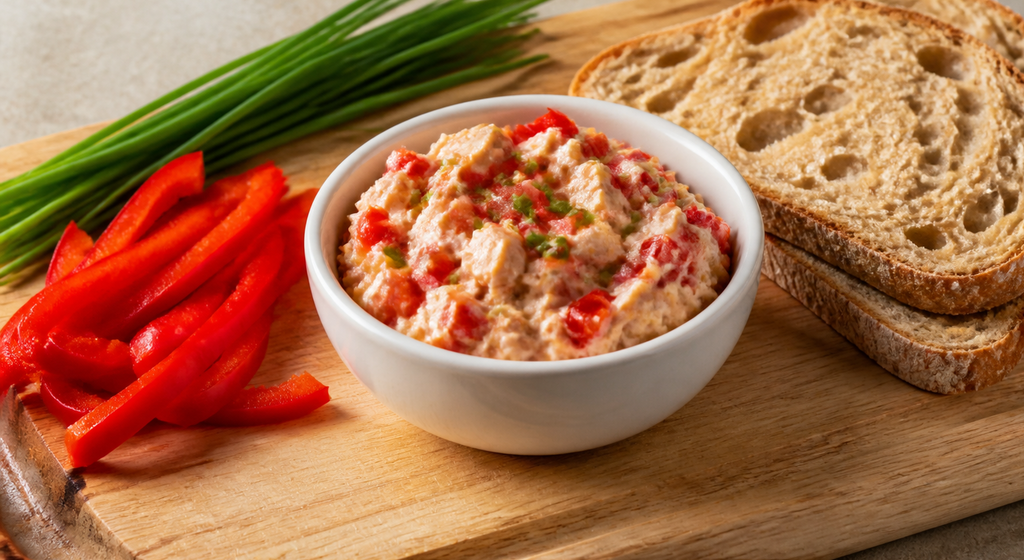 Cremiger Aufstrich mit Putenbrust und roter Paprika in einer weißen Schale, daneben Bauernbrot, Paprikastreifen und Schnittlauch auf einem Holzbrett.