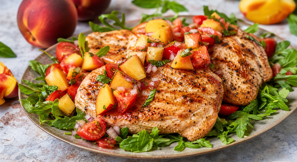 Gegrillte Putensteaks mit frischer Pfirsich-Tomaten-Salsa und Rucola auf einer Servierplatte