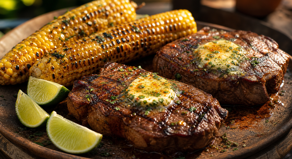 Gegrillte Rinderhüftsteaks mit schmelzender Kräuterbutter und gerösteten Maiskolben