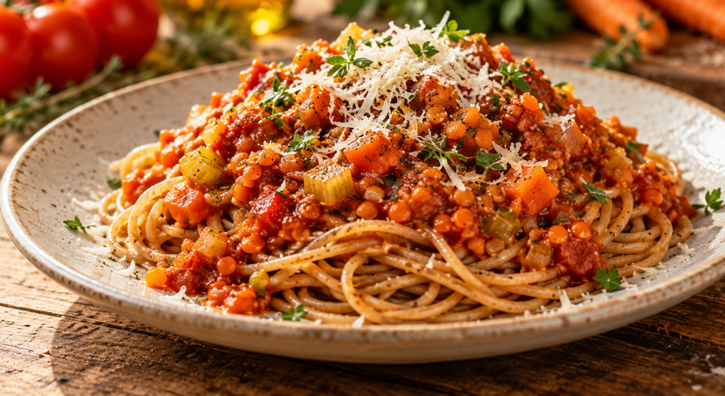 Rote-Linsen-Bolognese mit Vollkornspaghetti appetitlich angerichtet