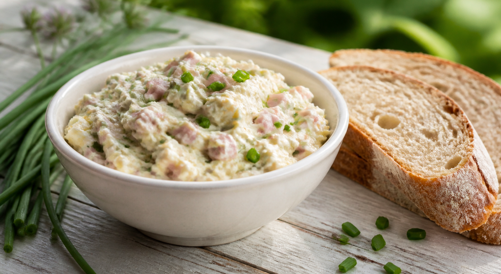 Cremiger Schinken-Ei-Schnittlauch-Aufstrich in einer weißen Schale neben frischem Bauernbrot und Schnittlauch auf hellem Holztisch.
