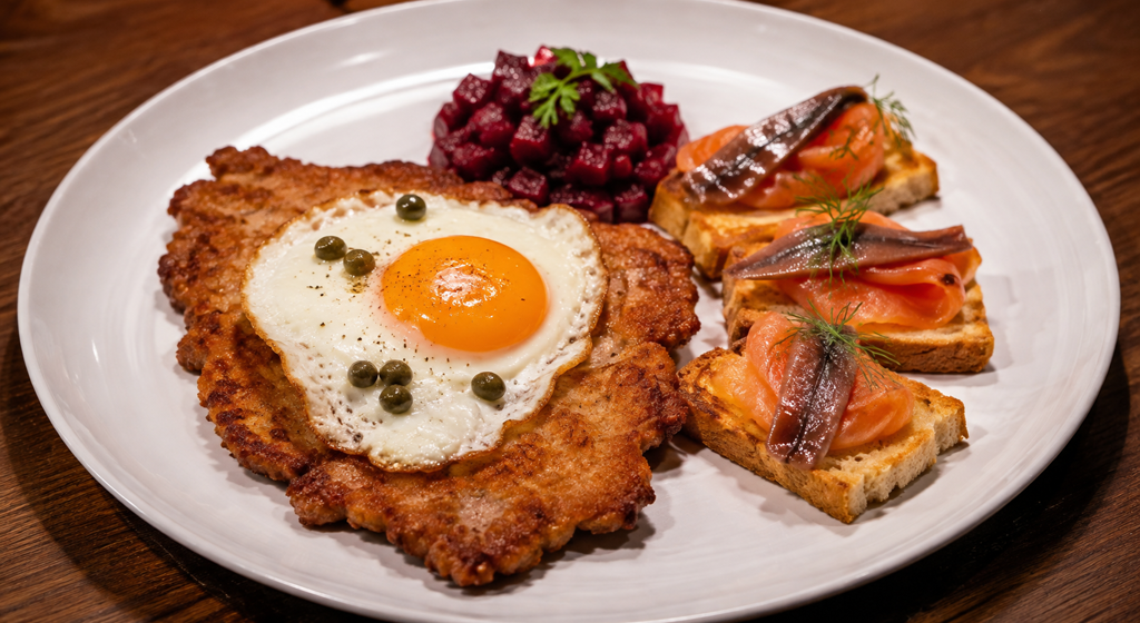 Goldbraunes Schnitzel Holsteiner Art mit Spiegelei und Kapern, dazu Croûtons mit Räucherlachs und Sardellen sowie Rote-Bete-Salat.