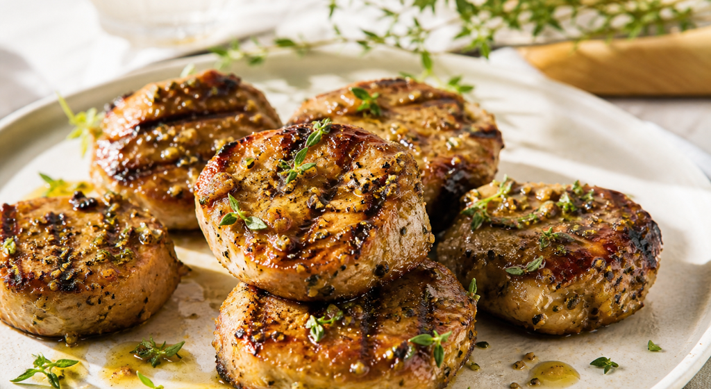 Gegrillte Schweinefilet-Medaillons mit Kräutern und glänzender Senf-Honig-Marinade auf einer Servierplatte