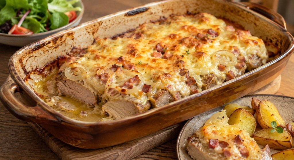 Überbackenes Schweinefilet mit Schinken, Käse und Zwiebelringen in einer Auflaufform, daneben Ofenkartoffeln und Salat.