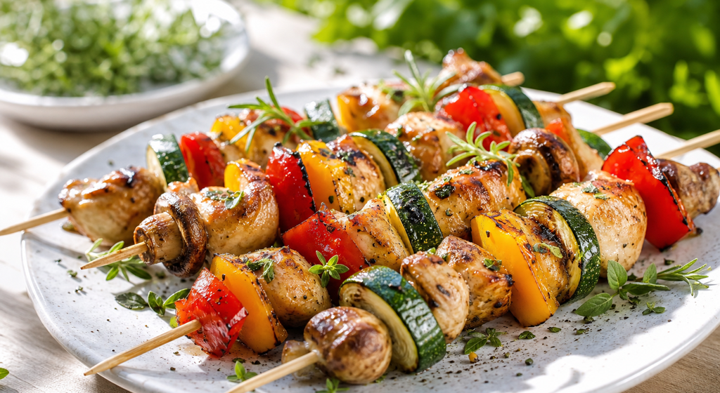 Sommerliche Geflügel-Gemüse-Grillspieße mit Hähnchen, Paprika, Zucchini und Champignons auf einer hellen Platte im Gartenlicht
