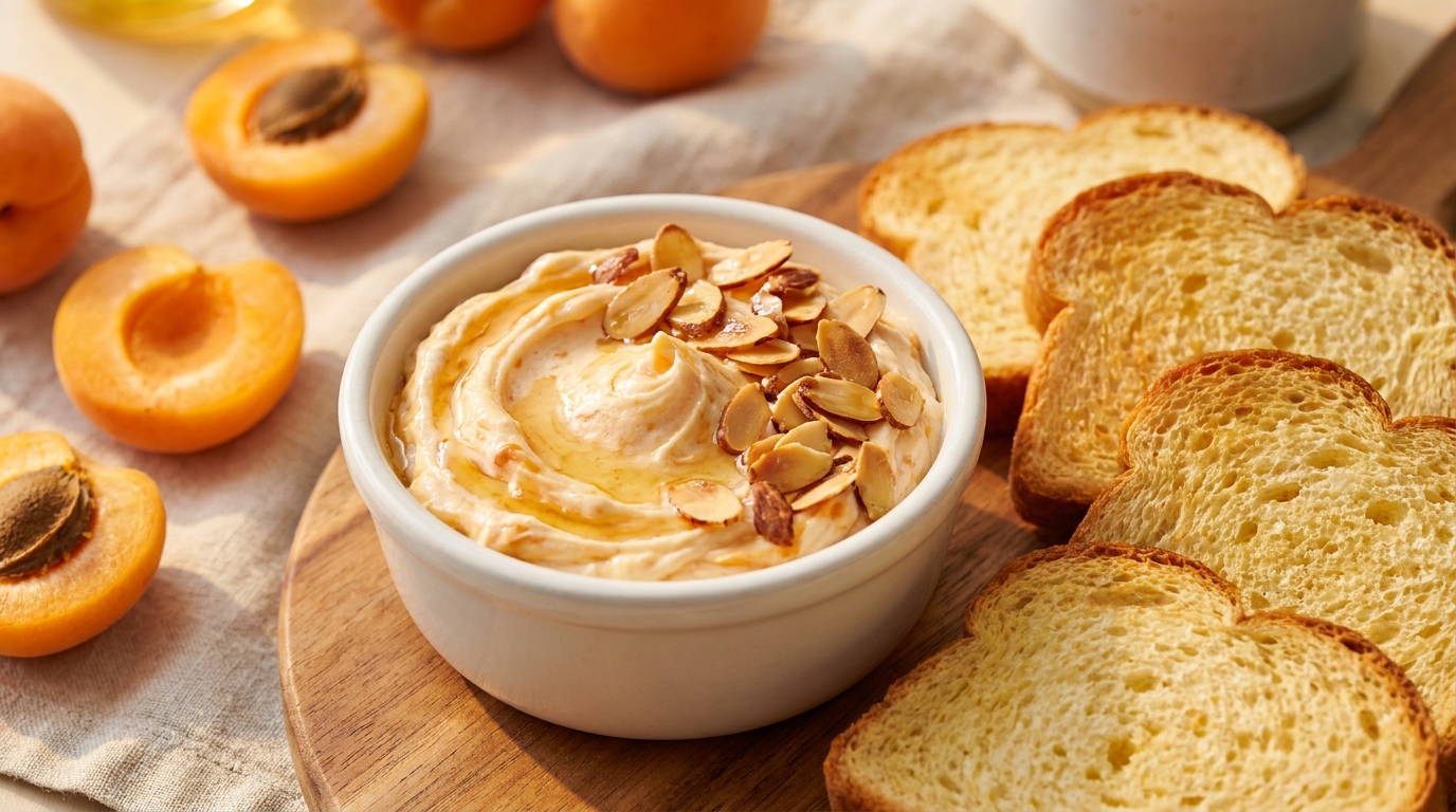 Nahaufnahme eines cremigen, süßen Aprikosen-Vanille-Aufstrichs mit gerösteten Mandelblättchen in einem weißen Schälchen, daneben frische Brioche-Scheiben.