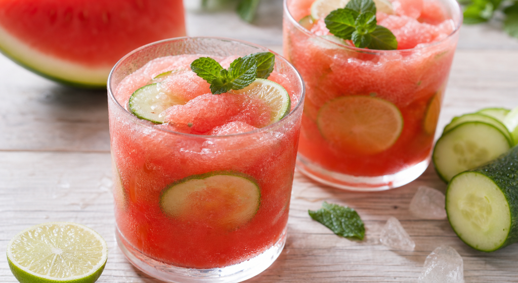 Zwei Gläser Wassermelonen-Gurken-Slush mit Limette, Gurkenscheiben, Wassermelonenstücken und Minze auf hellem Holztisch