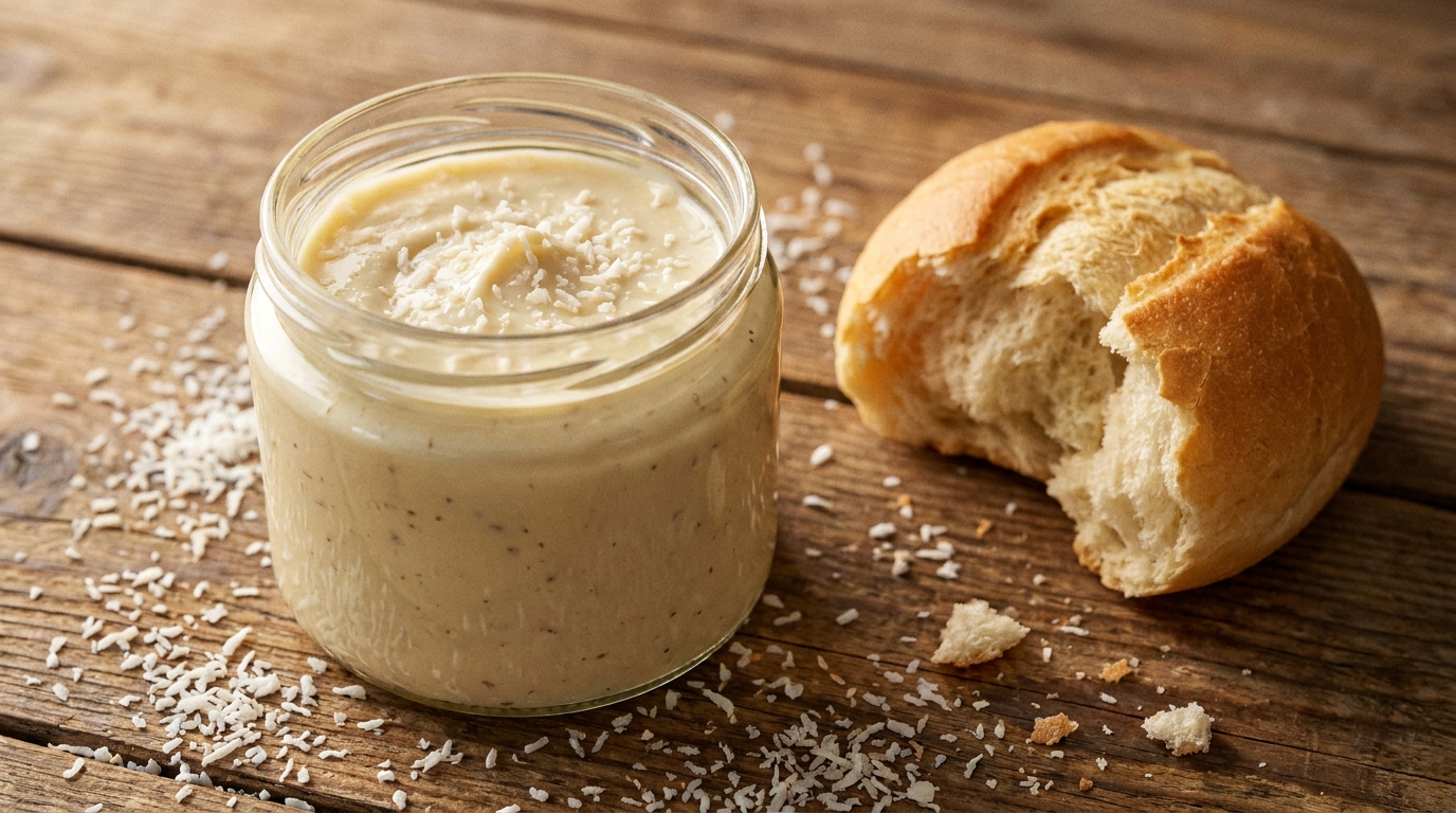 Weiße Schoko-Kokos-Creme in einem Glas auf rustikalem Holztisch