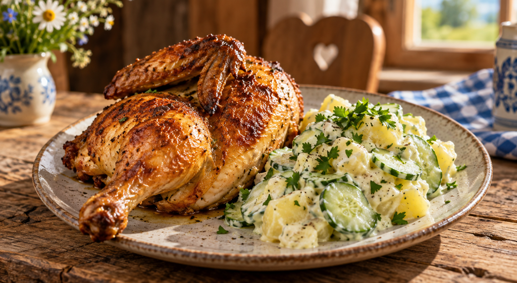 Wiesnhendl aus dem Ofen mit Kartoffel-Gurken-Salat