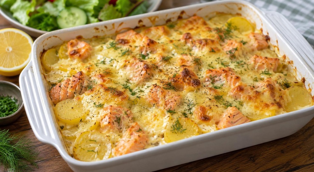 Goldbraun überbackener Lachsauflauf mit Kartoffelscheiben und Dill in einer weißen Auflaufform, daneben Zitrone und grüner Salat.