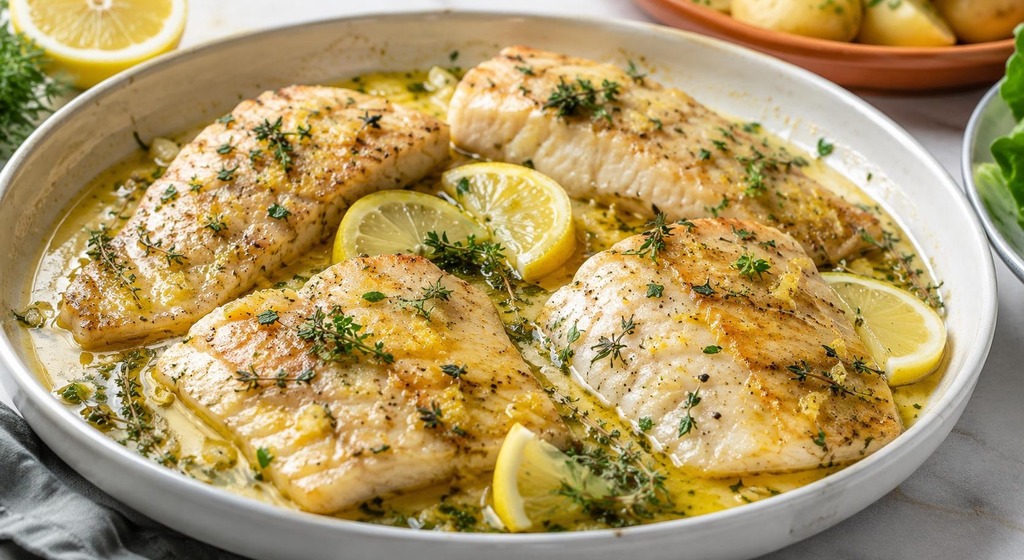 Vier gebratene Fischfilets in heller Zitronenbuttersauce mit Zitronenscheiben und frischem Thymian auf einer großen Platte.