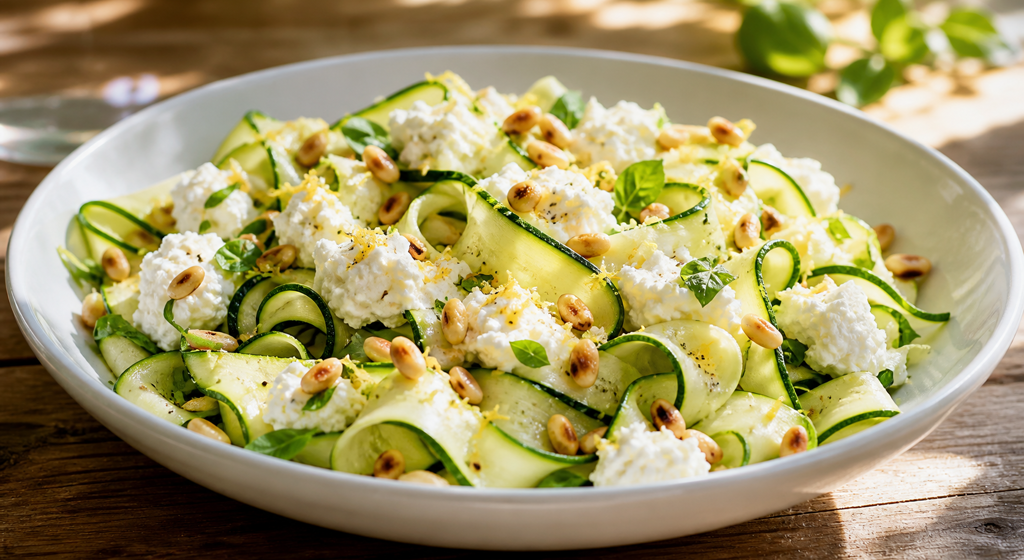 Zucchini-Bandnudel-Salat mit Zitronen-Ricotta und gerösteten Pinienkernen in einer weißen Schale