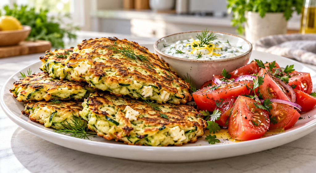 Goldbraune Zucchini-Feta-Pfannkuchen mit Dilljoghurt und frischem Tomatensalat.